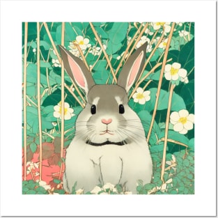 Flower Journey with the Cottagecore Grey American Fuzzy Lop Rabbit Bunny Posters and Art